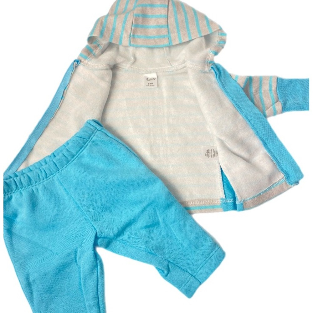 Hanes Hoodie and Pants 2pc Set Baby 0-6M Blue Grey Striped‎  Fleece Zip Up
